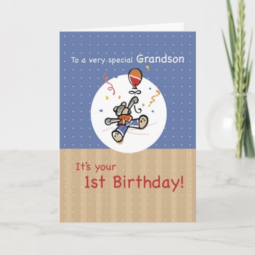 Grandson 1st Teddy Bear Balloon Birthday Card