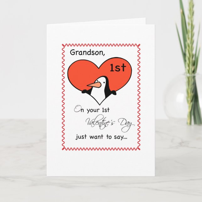 Grandson, 1st Valentine's Day Cute Penguin Holiday Card (Front)