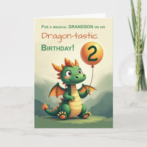 Grandson 2nd Birthday Cute Dragon Holding Balloon 