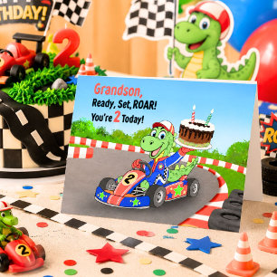 Grandson 2nd Birthday Dinosaur Race Car Ready Set Card