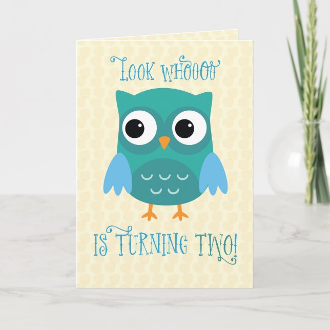 Grandson 2nd Birthday, Owl, Blue, Green Card (Front)