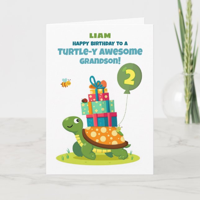 Grandson 2nd Birthday Personalize Cute Turtle Card (Front)