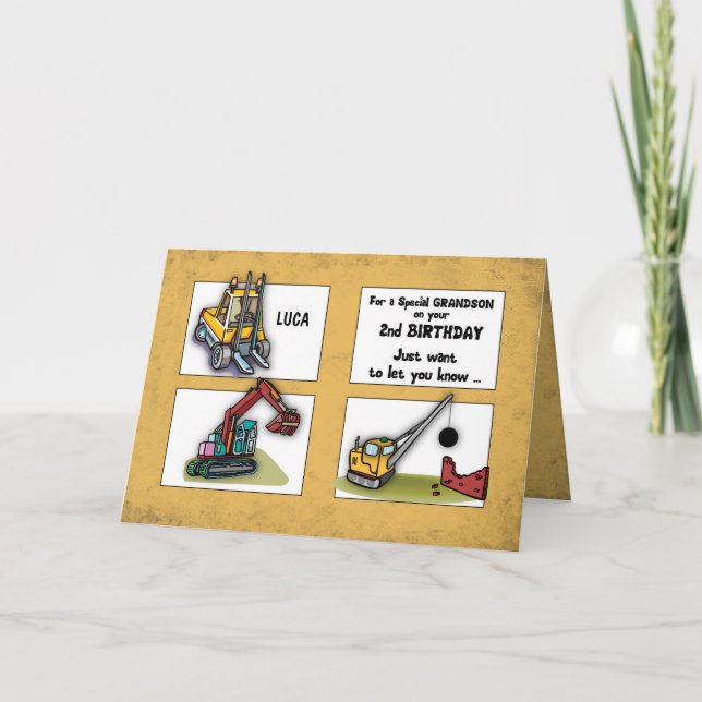 Grandson 2nd Birthday Personalize Name Trucks Card (Front)