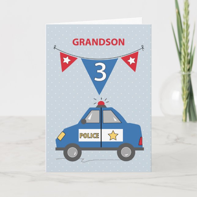 Grandson 3rd Birthday Blue Police Car Card (Front)