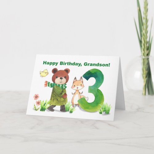 Grandson 3rd Birthday Watercolor Bear and Fox