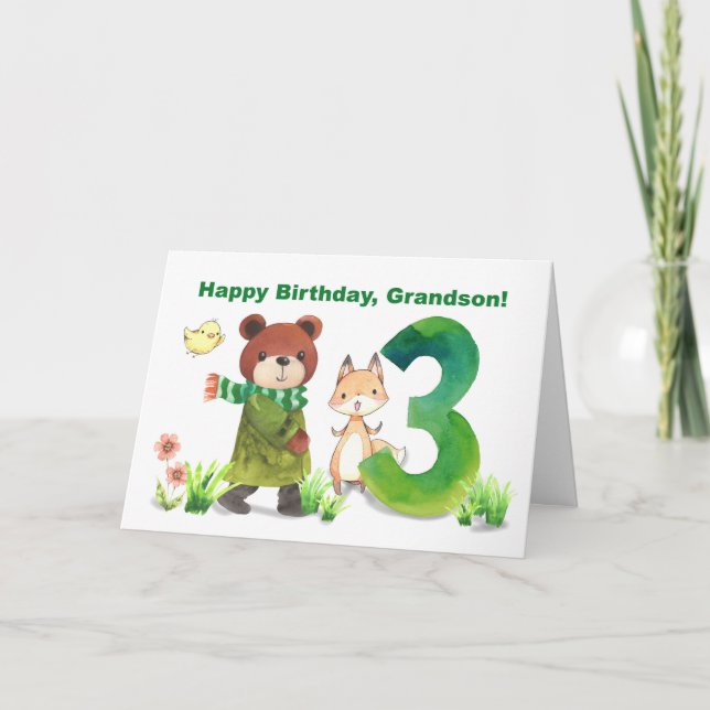 Grandson 3rd Birthday Watercolor Bear and Fox Card (Front)