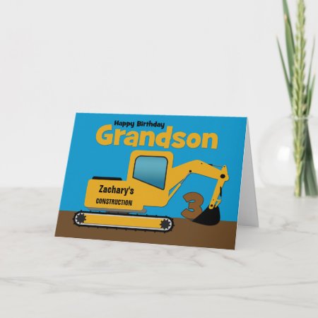 Grandson 3rd Birthday Yellow Excavator Add Name Card