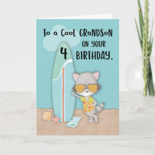 Grandson 4th Birthday Beach Funny Cool Raccoon Card