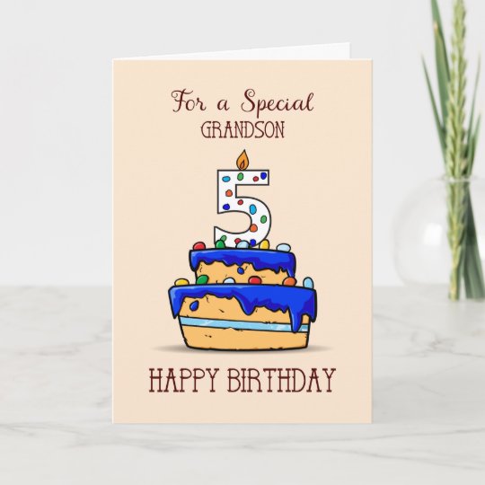 Grandson 5th Birthday, 5 On Sweet Blue Cake Card 