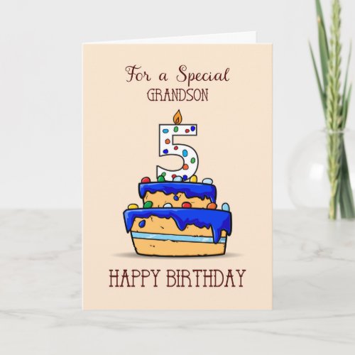 Grandson 5th Birthday 5 on Sweet Blue Cake Card