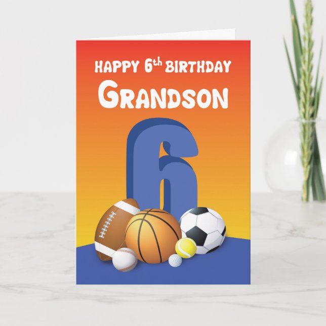 Grandson 6th Birthday Sports Balls Card (Front)