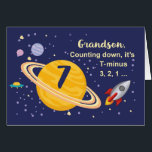 Grandson 7th Birthday Planets in Outer Space<br><div class="desc">Turning 7 is out of this world,  especially when it is your grandson! Rocket ship,  planets and stars fill in the front of the card with the message as you count down to say Happy Birthday!</div>