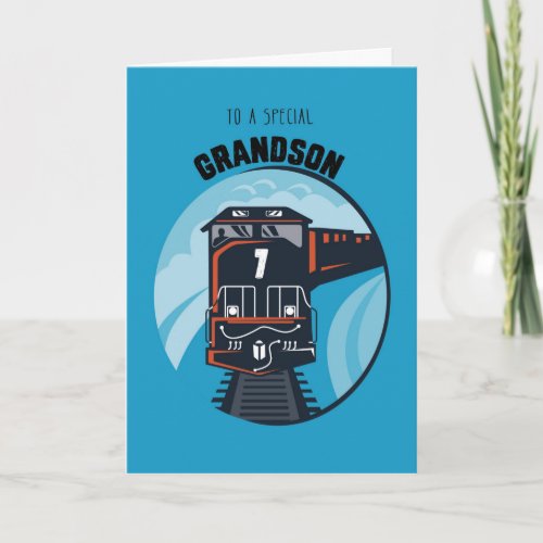 Grandson 7th Birthday Train Little Boy Blue Card