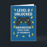 Grandson 8th Birthday Game Controller Age 8 Card<br><div class="desc">A bold and playful birthday card for your gaming-loving grandson turning 8, featuring a game controller and striking lightning bolt background in vivid blues and yellows. The front text reads “LEVEL 8 UNLOCKED, ” celebrating his new age with gamer flair. Inside message is upbeat and encouraging, perfect for a growing...</div>
