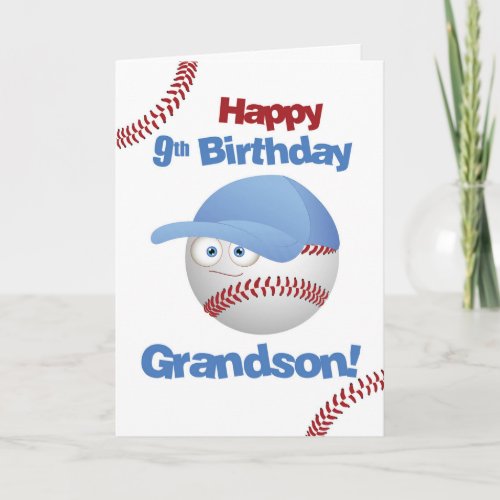 Grandson 9th Birthday Funny Baseball Face Card