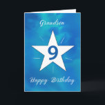 Grandson 9th Birthday Star Blue Green Watercolor Card<br><div class="desc">Your grandson is turning 9, and this vibrant birthday card is the perfect way to mark the occasion! With a beautiful watercolor background of blues and greens, the white star at the center shines brightly, surrounded by radiating lines that symbolize his growing brightness and strength. A perfect way to remind...</div>
