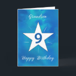 Grandson 9th Birthday Star Blue Green Watercolor Card<br><div class="desc">Your grandson is turning 9, and this vibrant birthday card is the perfect way to mark the occasion! With a beautiful watercolor background of blues and greens, the white star at the center shines brightly, surrounded by radiating lines that symbolize his growing brightness and strength. A perfect way to remind...</div>
