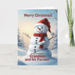 Grandson and his Partner Christmas Snowman  Holiday Card<br><div class="desc">A festive winter scene showing a cheerful snowman in a red hat and scarf. Wish your grandson and his partner a merry Christmas with a lovely snowman card.</div>