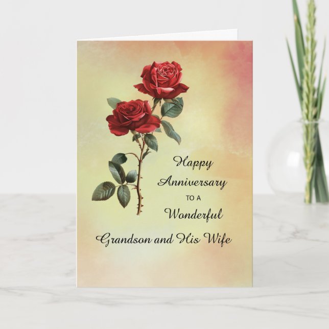 Grandson and His Wife Anniversary Two Red Roses Card (Front)