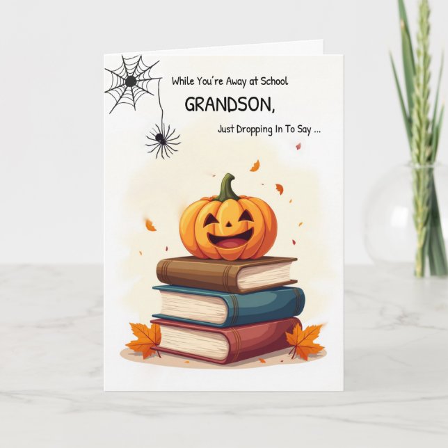 Grandson Away at School Funny Halloween Spider Card (Front)