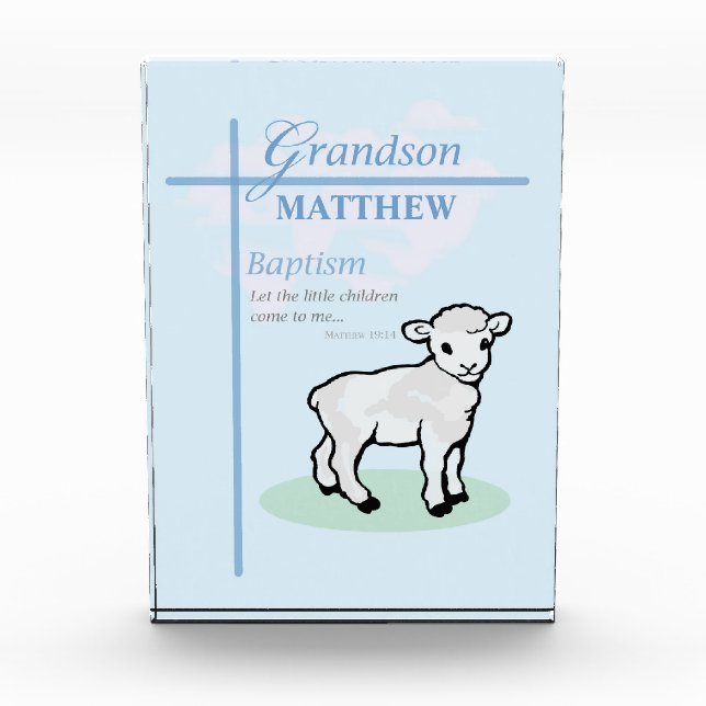 Grandson Baptism Blue Boy Lamb Personalized Acrylic Award (Front)
