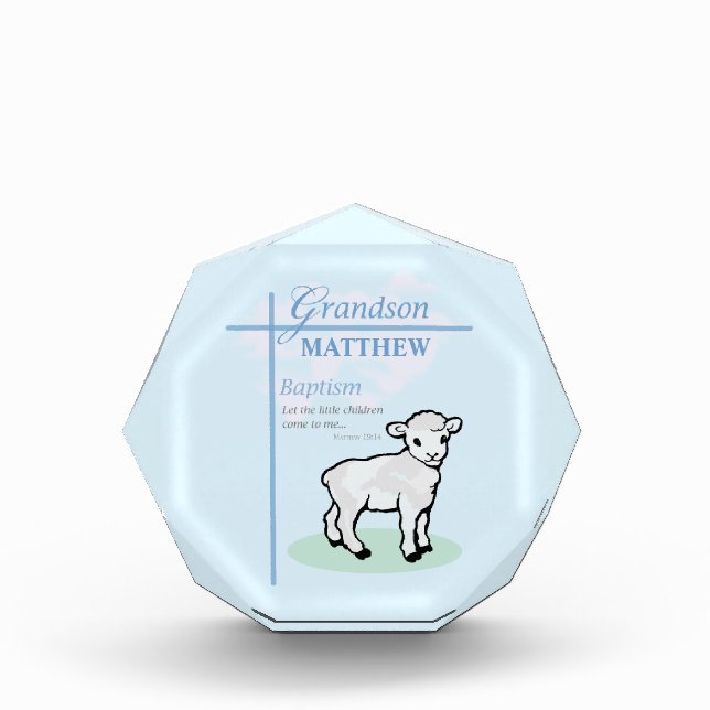 Grandson Baptism Blue Boy Lamb Personalized Acrylic Award (Front)