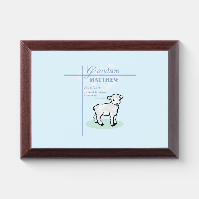 Grandson Baptism Blue Boy Lamb Personalized Award Plaque (Horizontal)