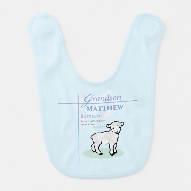 Grandson Baptism Blue Boy Lamb Personalized Baby Bib (Front)