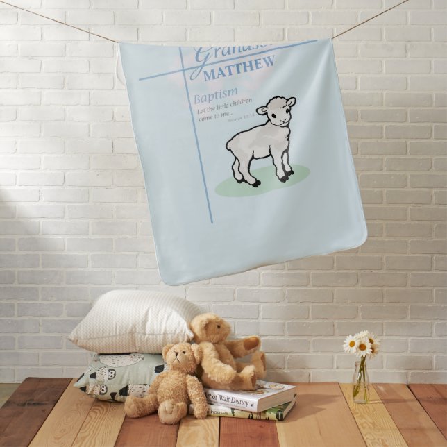 Grandson Baptism Blue Boy Lamb Personalized Baby Blanket (In Situ)