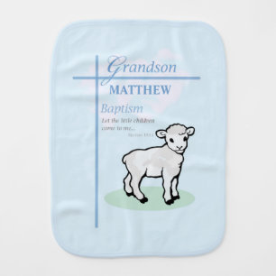 Grandson Baptism Blue Boy Lamb Personalized Baby Burp Cloth