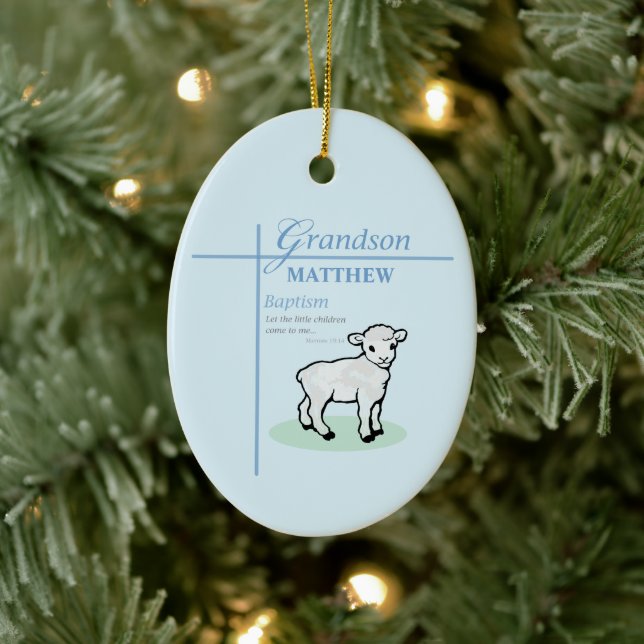 Grandson Baptism Blue Boy Lamb Personalized Ceramic Ornament (Tree)