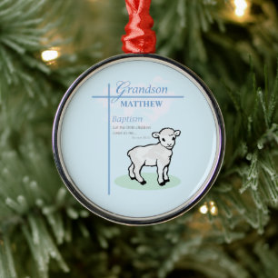 Grandson Baptism Blue Boy Lamb Personalized Metal Ornament