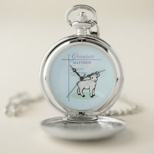 Grandson Baptism Blue Boy Lamb Personalized Pocket Watch