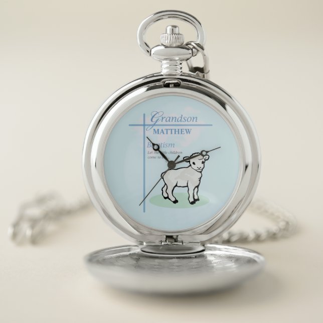 Grandson Baptism Blue Boy Lamb Personalized Pocket Watch (Inside)