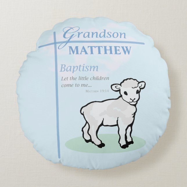 Grandson Baptism Blue Boy Lamb Personalized Round Pillow (Front)