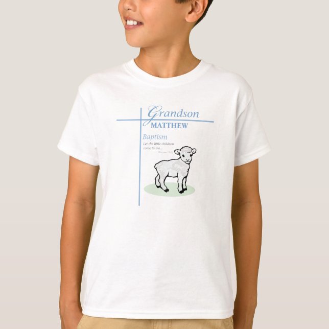 Grandson Baptism Blue Boy Lamb Personalized T-Shirt (Front)