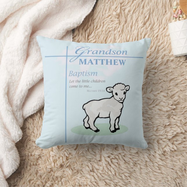 Grandson Baptism Blue Boy Lamb Personalized Throw Pillow (Blanket)