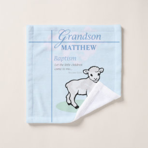 Grandson Baptism Blue Boy Lamb Personalized Wash Cloth