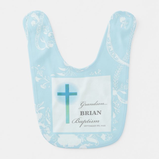 Grandson Baptism Blue Lace Personalized Baby Bib (Front)