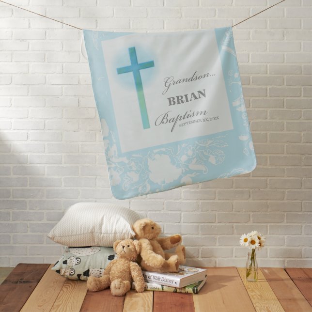 Grandson Baptism Blue Lace Personalized Baby Blanket (In Situ)
