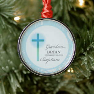 Grandson Baptism Blue Lace Personalized Metal Ornament