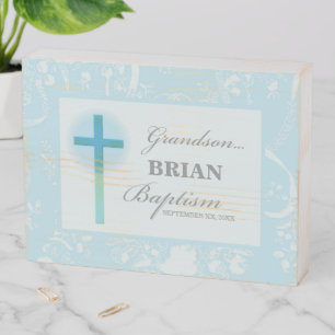 Grandson Baptism Blue Lace Personalized Wooden Box Sign