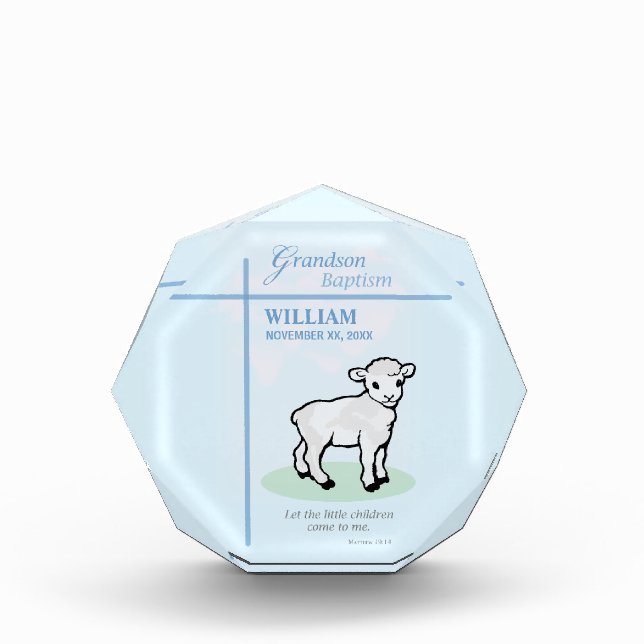 Grandson Baptism Blue Lamb Personalized Acrylic Award (Front)