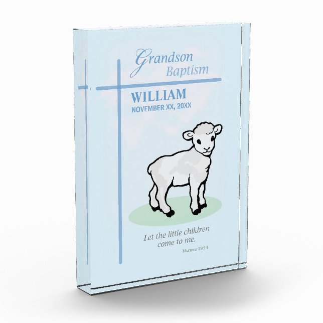 Grandson Baptism Blue Lamb Personalized Acrylic Award (Left)