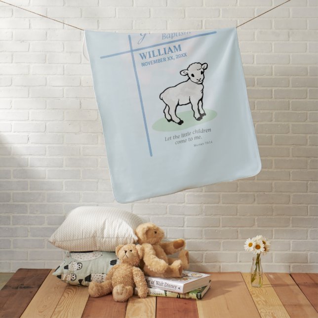 Grandson Baptism Blue Lamb Personalized Baby Blanket (In Situ)