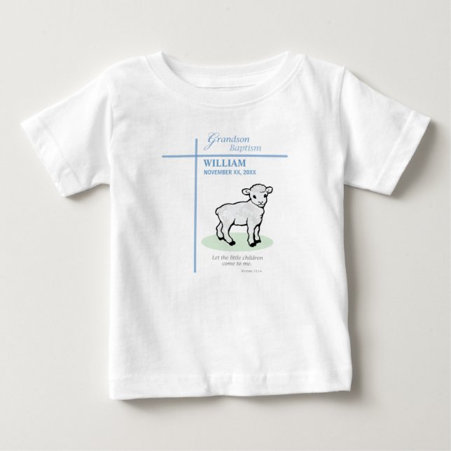 Grandson Baptism Blue Lamb Personalized Baby T-Shirt (Front)