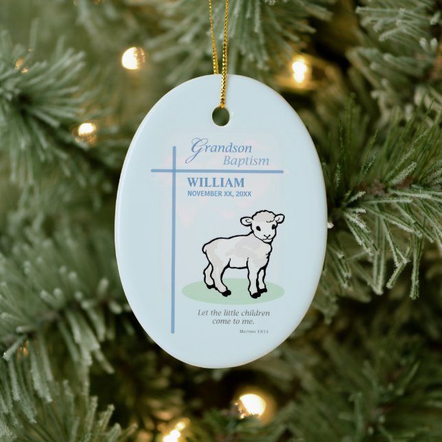 Grandson Baptism Blue Lamb Personalized Ceramic Ornament (Tree)