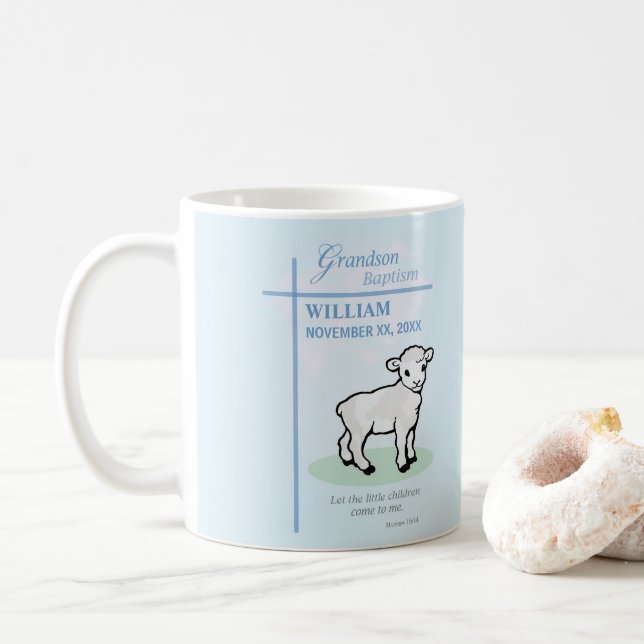 Grandson Baptism Blue Lamb Personalized Coffee Mug (With Donut)