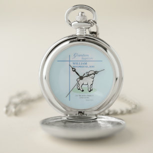 Grandson Baptism Blue Lamb Personalized Pocket Watch
