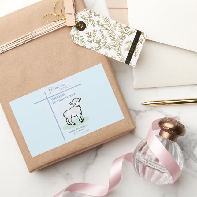 Grandson Baptism Blue Lamb Personalized Rectangular Sticker (Gifting)